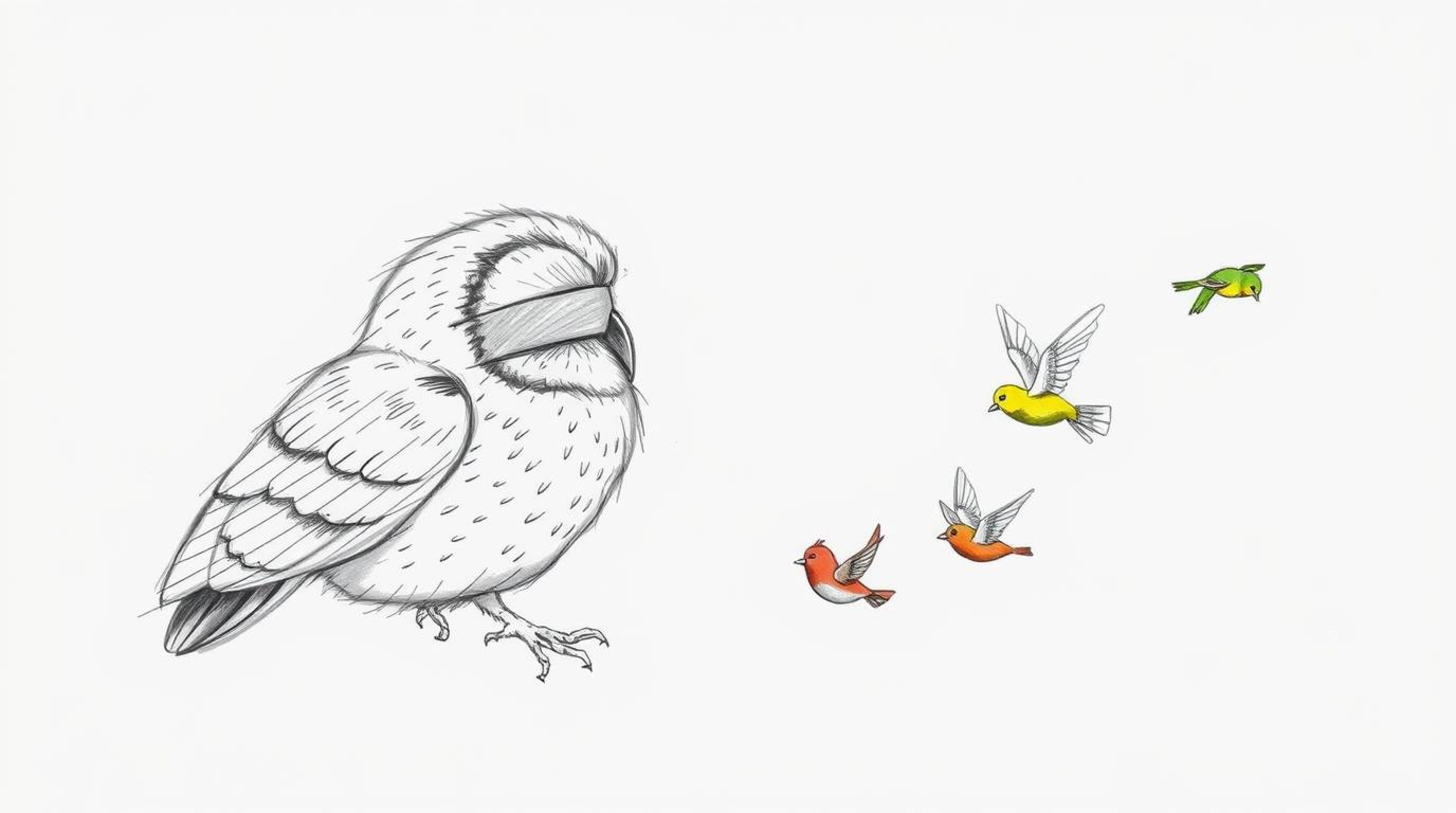 A Pixar-inspired, hand-drawn sketch depicts a blind owl with meticulously detailed feathers, intently listening as it guides 
