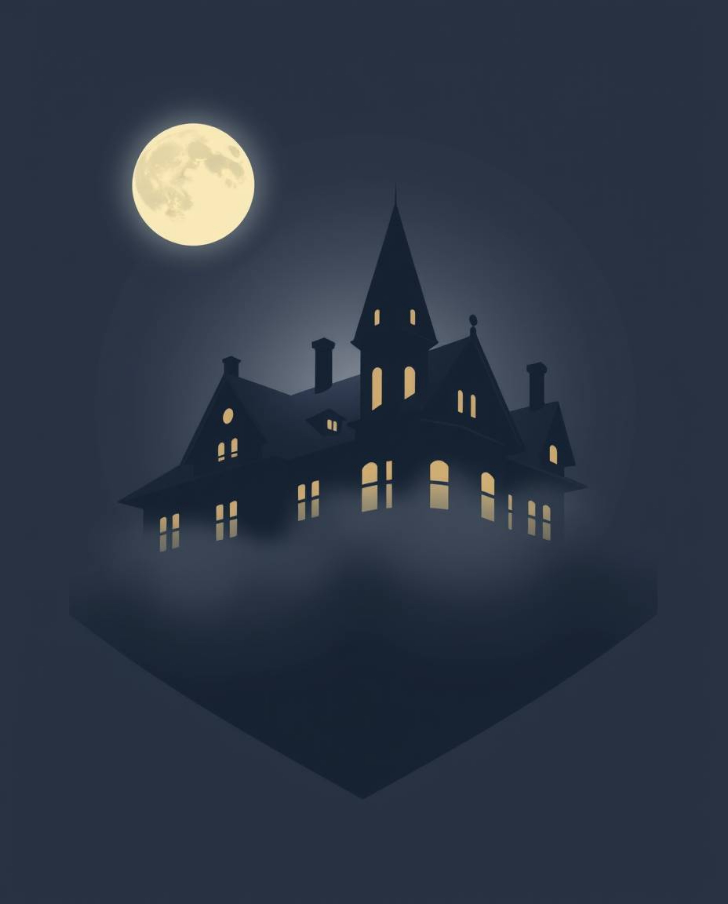 This geometric logo presents a striking low-angle perspective of a fog-covered Victorian mansion bathed in moonlight. Charact