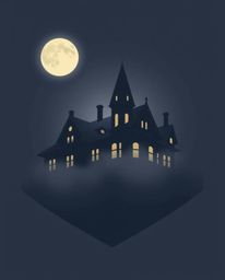 This geometric logo presents a striking low-angle perspective of a fog-covered Victorian mansion bathed in moonlight. Charact