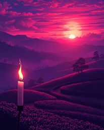 This digital painting captures a sunset over terraced tea plantations in the distinct style of Isekai anime. The artwork is d