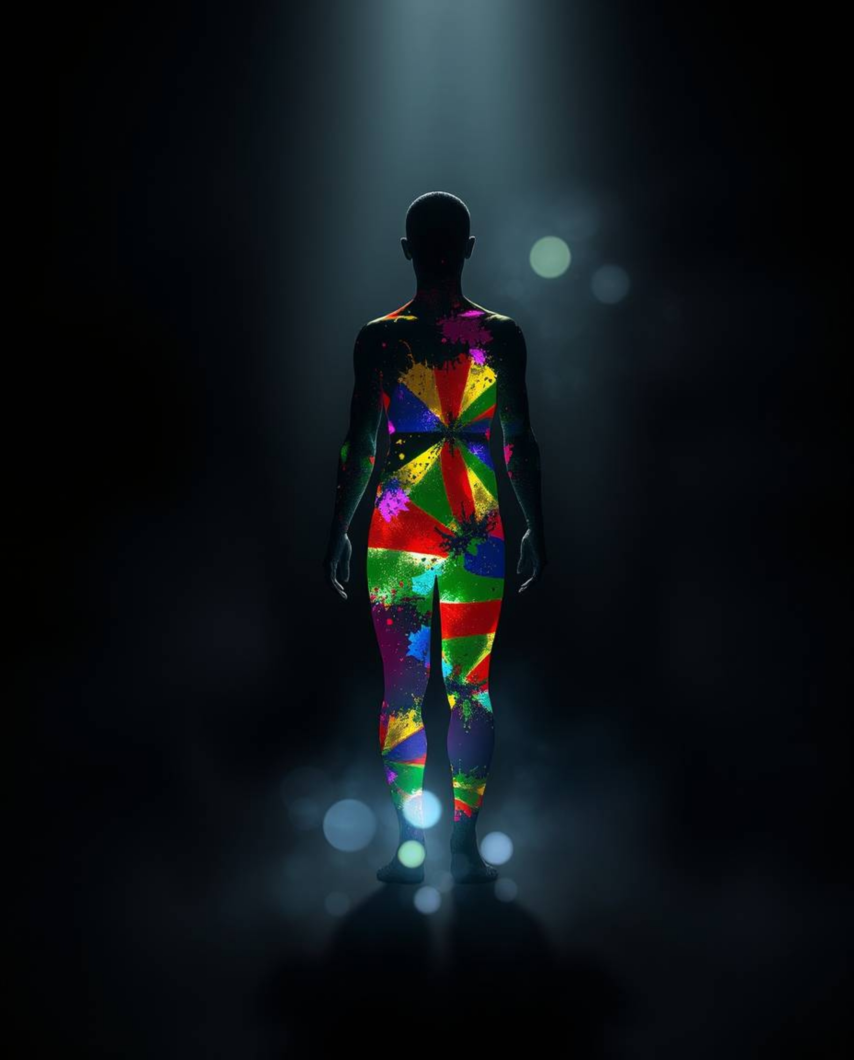 Explore an ethereal and spiritual scene featuring a human silhouette crafted from vibrant, colorful splash patterns in a mode