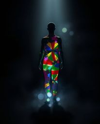 Explore an ethereal and spiritual scene featuring a human silhouette crafted from vibrant, colorful splash patterns in a mode