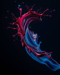 A captivating high-speed photograph showcases a vibrant burgundy and deep blue paint splash suspended in mid-air, creating a 