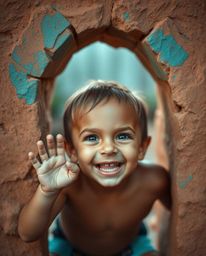 A heartwarming scene depicts a child with tan skin, their face alight with joy, as they stumble upon a magical portal nestled