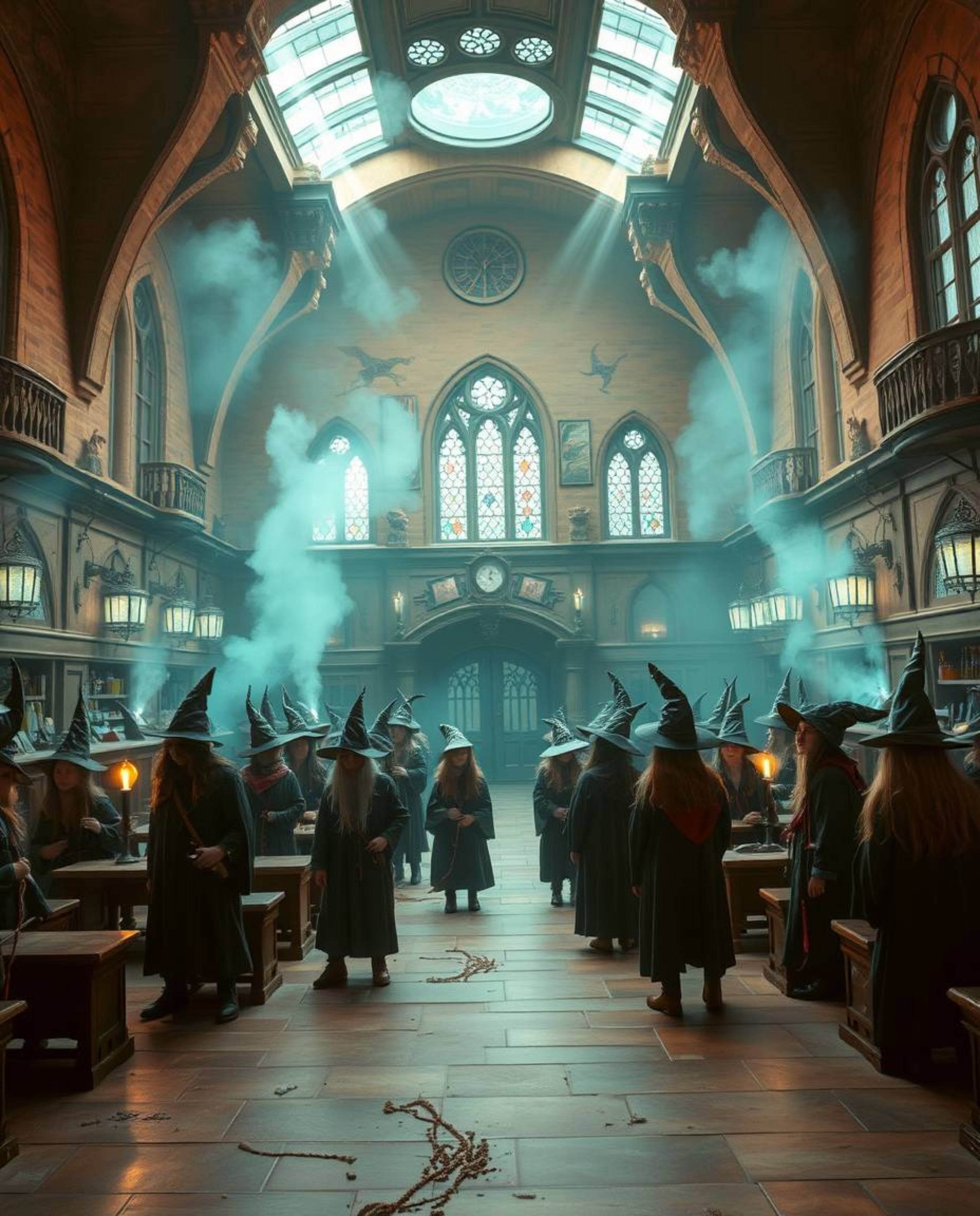 Immerse yourself in a magical school brimming with young wizards, rendered in a captivating palette of warm terracotta and co