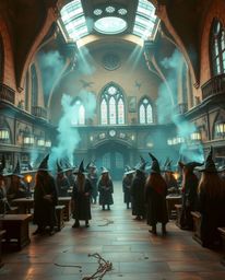 Immerse yourself in a magical school brimming with young wizards, rendered in a captivating palette of warm terracotta and co