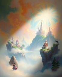 This ethereal painting transports viewers to a vibrant kingdom of floating islands and majestic castles, all bathed in gentle