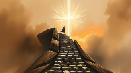 This painting depicts a lone figure ascending a stone staircase towards a divine beam of light, set against a backdrop of a s