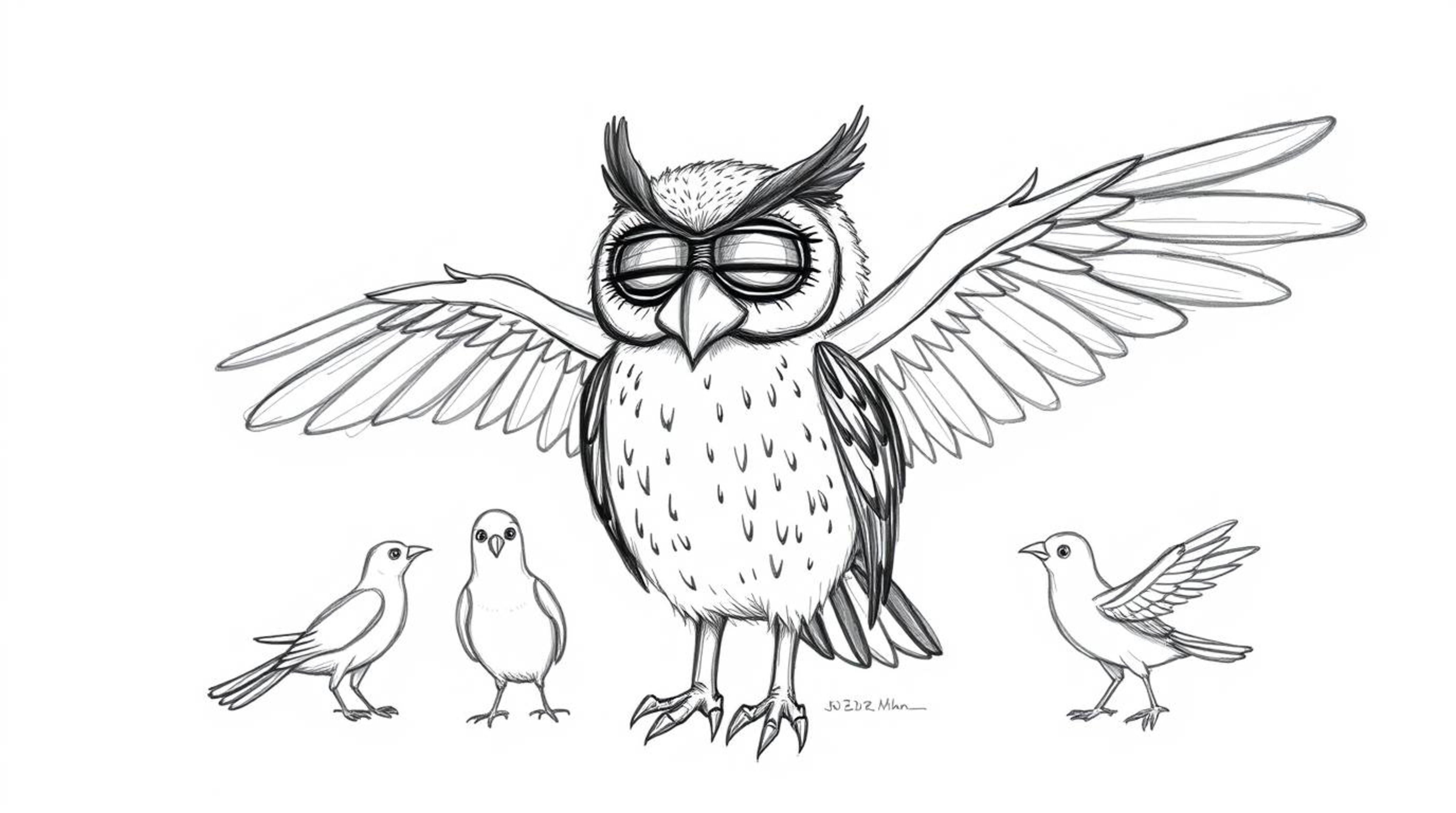 A charming, hand-drawn sketch depicts a blind owl in Pixar style, ingeniously guiding a flock of birds. The birds, fueled by 