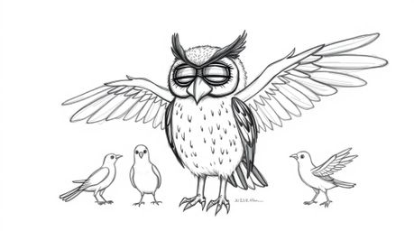 A charming, hand-drawn sketch depicts a blind owl in Pixar style, ingeniously guiding a flock of birds. The birds, fueled by 