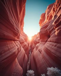 A surreal, infrared close-up photograph captures sandstone cliffs in a canyon illuminated by the setting sun. This technique 
