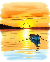 A hand-drawn color sketchnote of a boat drifting on a sunset lake, featuring strong hard light, direct harsh shadows, and pre