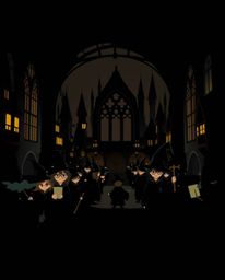 A captivating flat design artwork depicting a magical school teeming with young wizards.  The piece employs high contrast and