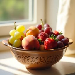 A captivating still life featuring a beautifully crafted, earthy-toned ceramic bowl brimming with vibrant, ripe fruit. Juicy 