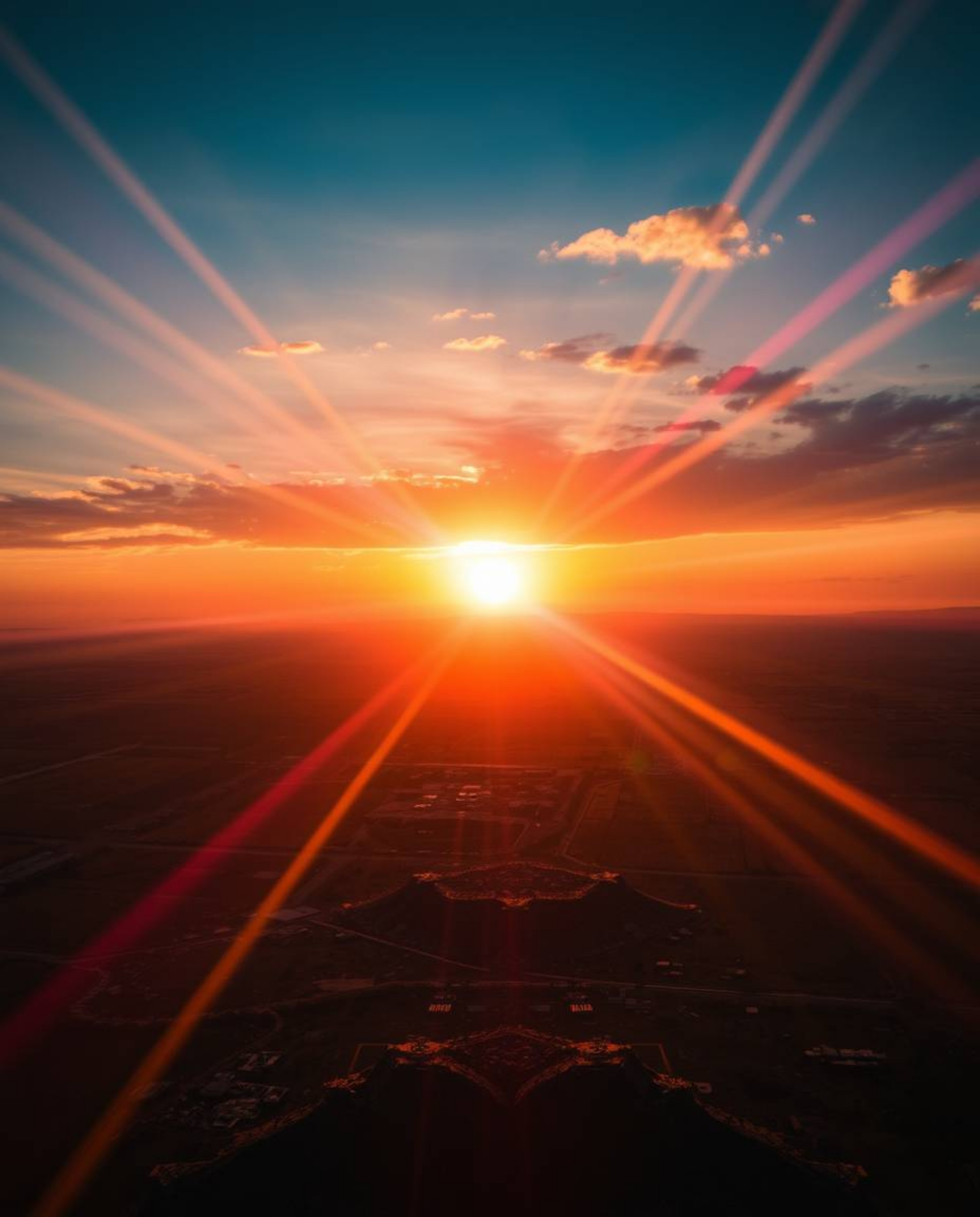 Explore a breathtaking sunrise over a war-torn landscape, captured with a stunning lens flare and electric vivid colors. This
