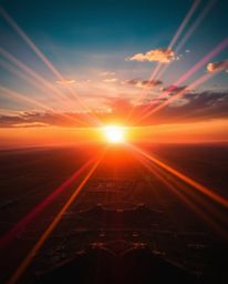 Explore a breathtaking sunrise over a war-torn landscape, captured with a stunning lens flare and electric vivid colors. This