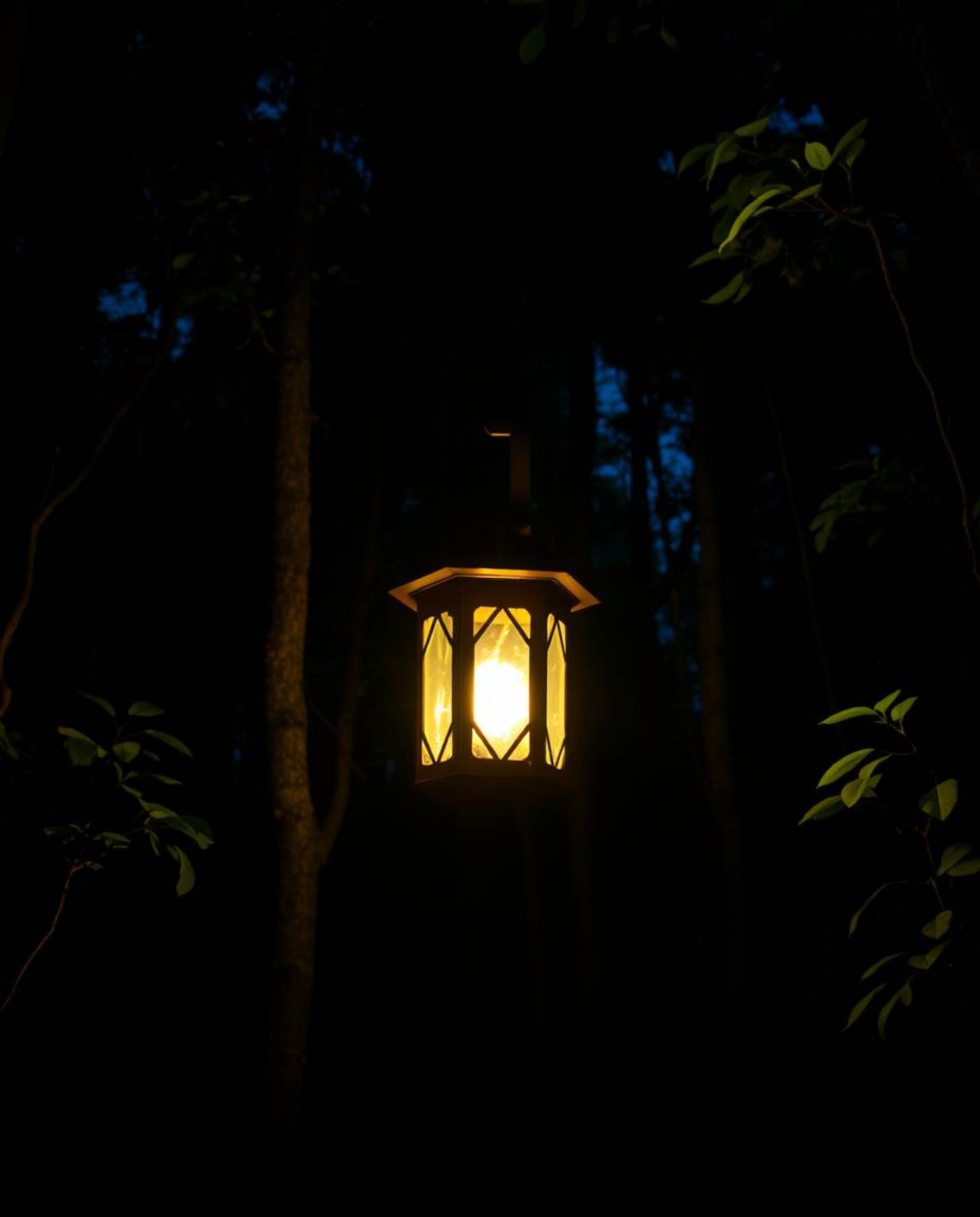 Capture the essence of a mystical forest scene with a glowing lantern as the focal point.  This image features strong, hard l