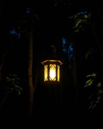 Capture the essence of a mystical forest scene with a glowing lantern as the focal point.  This image features strong, hard l