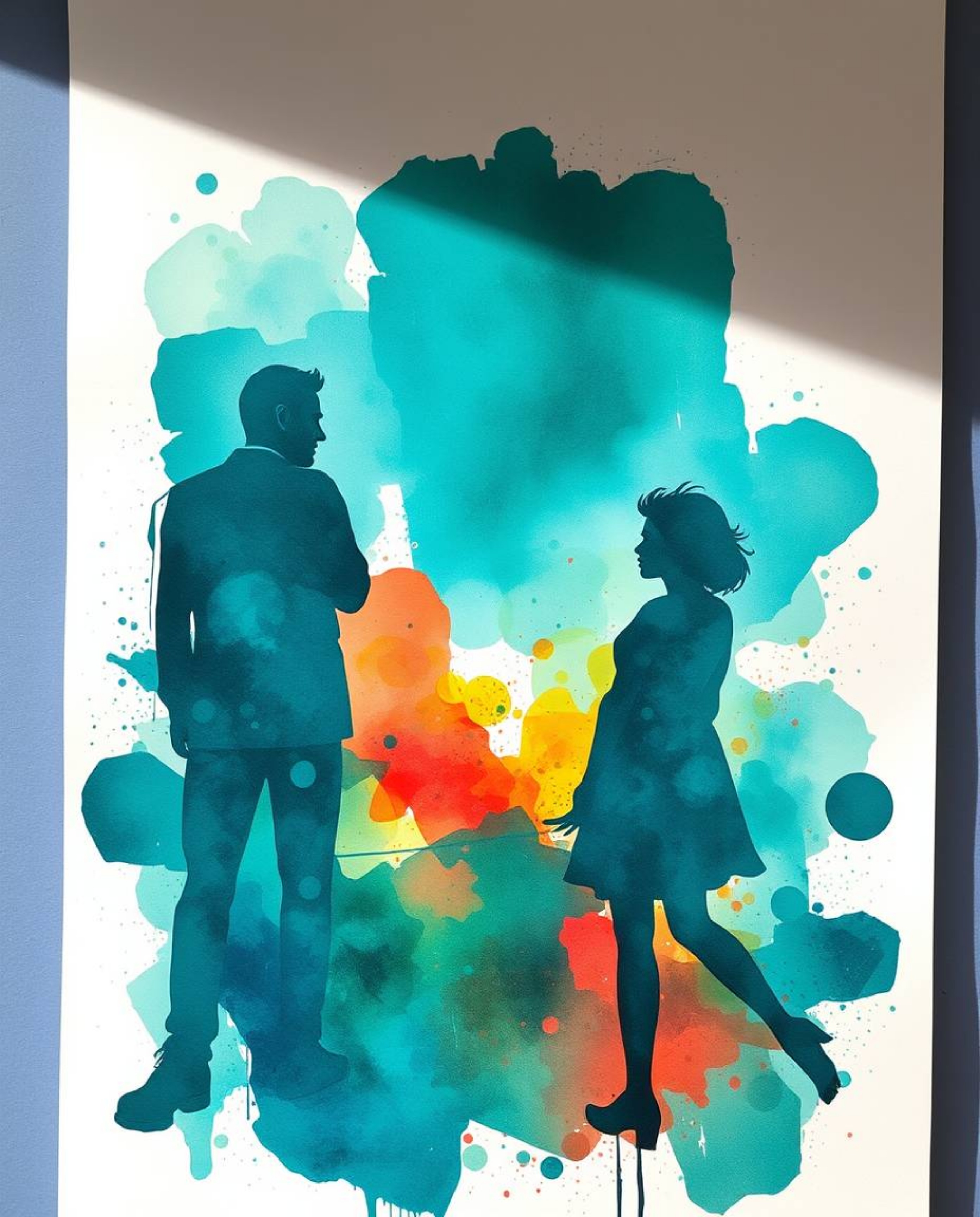 This captivating image showcases a rich, deep teal watercolor painting with vivid tones and colorful splashes.  The chaotic h