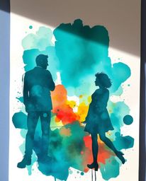 This captivating image showcases a rich, deep teal watercolor painting with vivid tones and colorful splashes.  The chaotic h