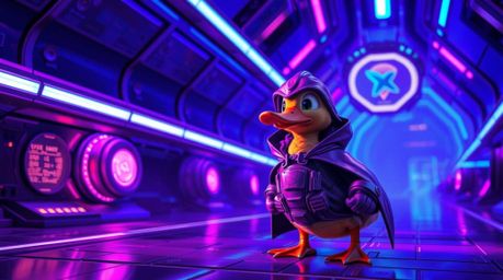 A vibrant and unusual scene featuring a duck in a zany superhero costume set against a futuristic sci-fi backdrop. Deep ultra