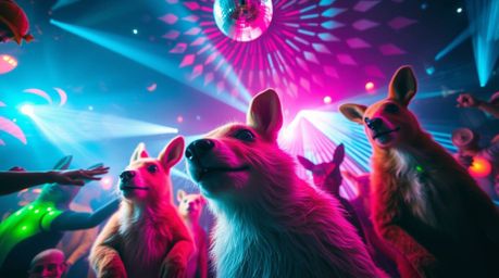 Experience a vibrant and dynamic abstract light art piece showcasing an animal dance party.  From a low angle, the artwork fe