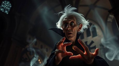 A classic Disney villain with aged features and pale skin is depicted casting a spell within a gothic castle. The image utili