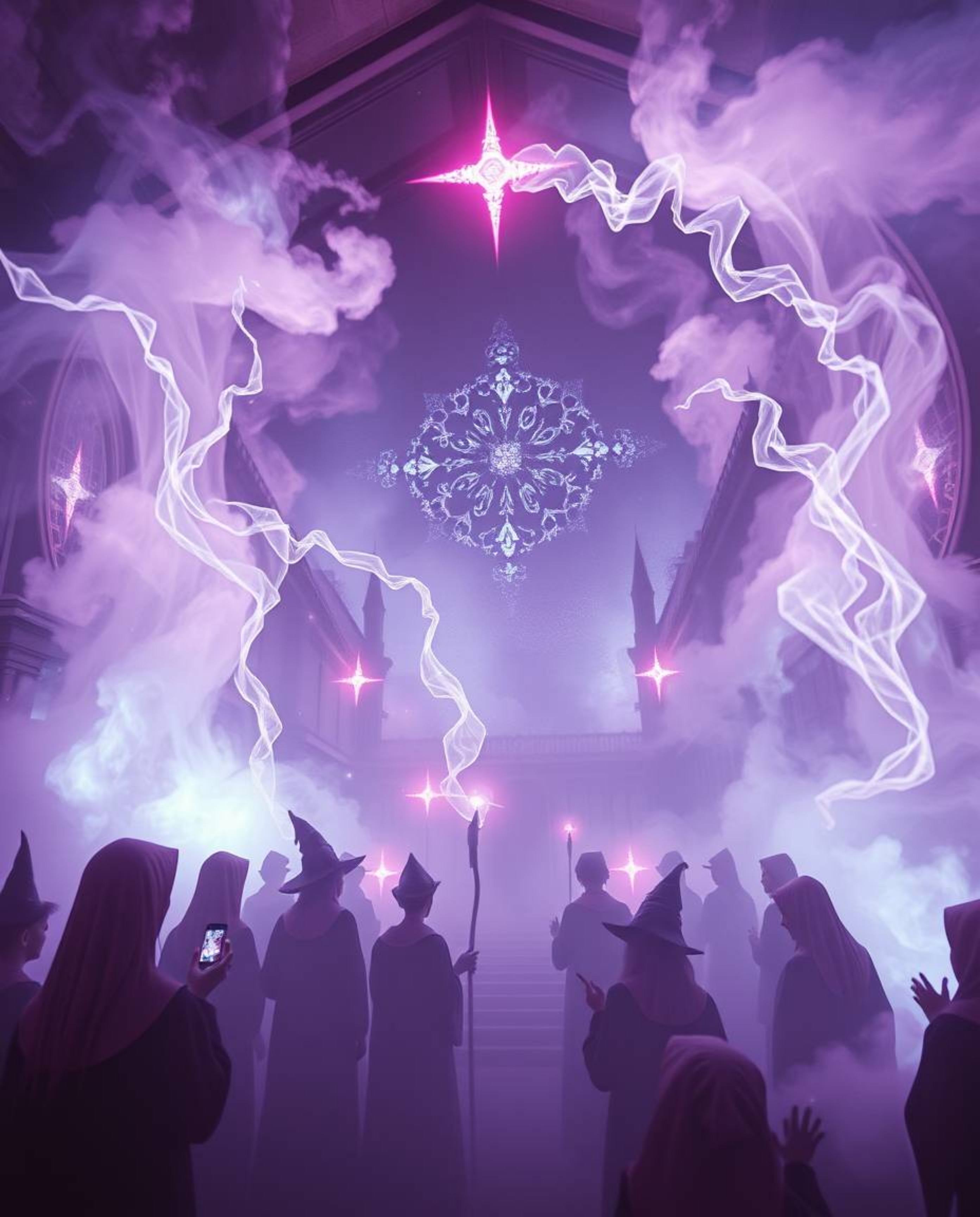 Discover a captivating surreal infrared image of a magical school brimming with young wizards.  The ethereal scene, imbued wi