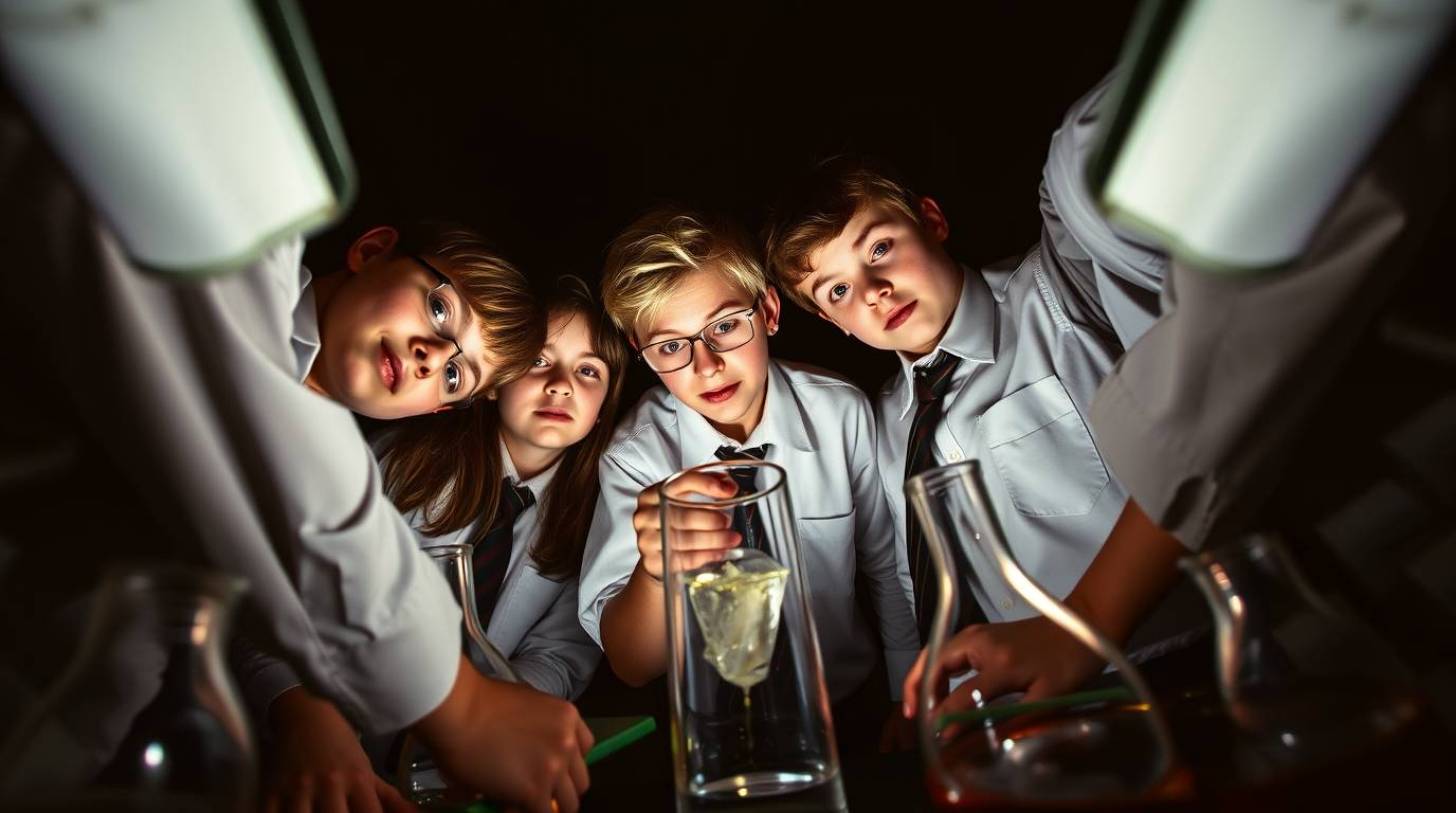 This image captures a group of quirky kids in school uniforms engrossed in science experiments, shot from a high angle. The d