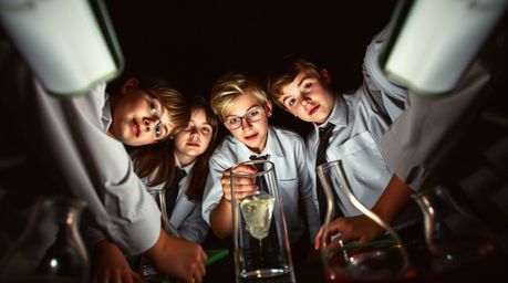 This image captures a group of quirky kids in school uniforms engrossed in science experiments, shot from a high angle. The d
