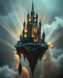 Explore a breathtaking extreme macro photograph showcasing a surreal floating island with bizarre architecture. Volumetric li