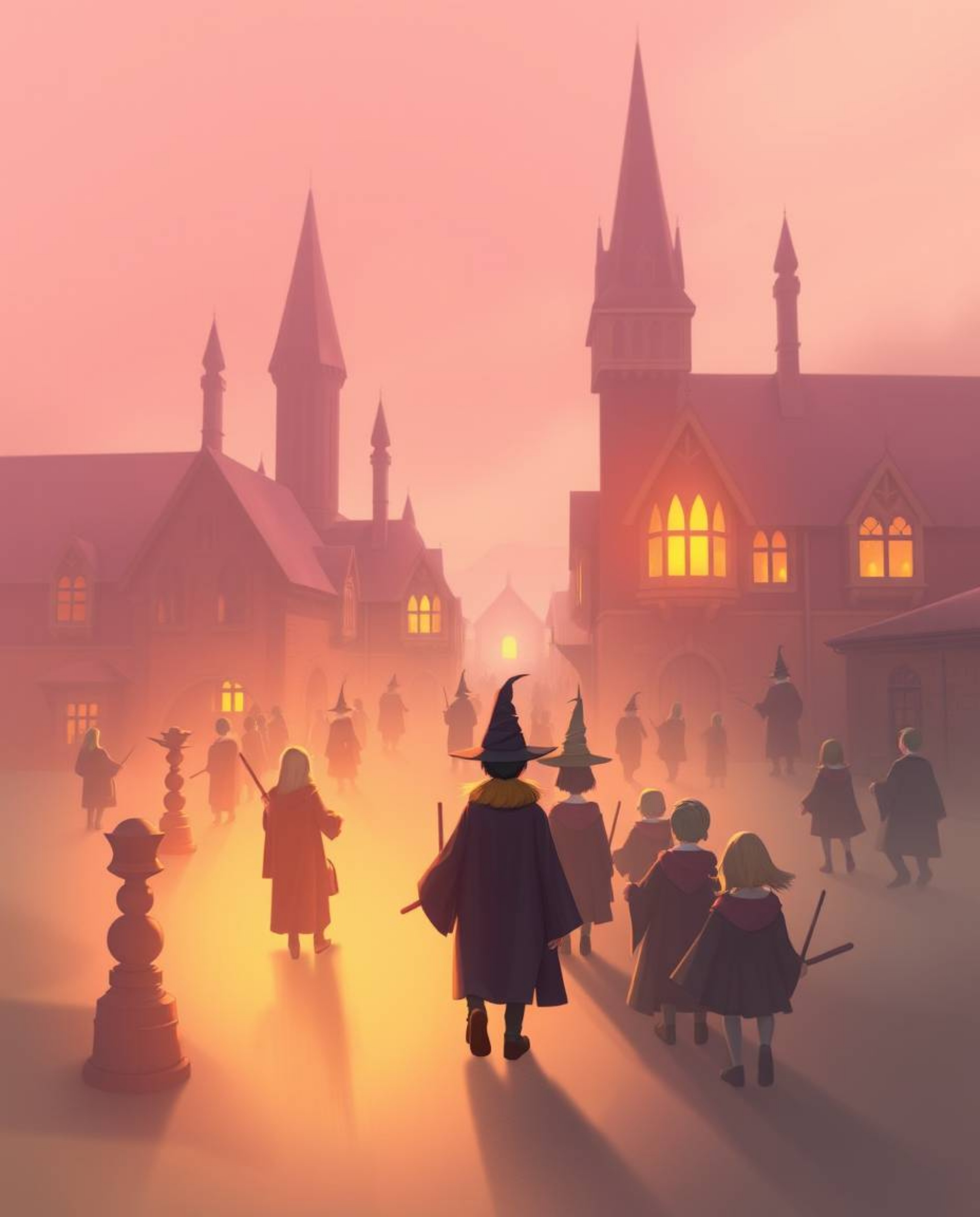 A captivating digital painting depicts a magical school brimming with young wizards, bathed in the warm, soft light of the go