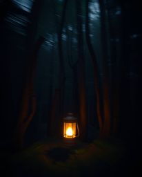 A captivating image of a glowing lantern illuminating a dark forest, enhanced with a dynamic blurred motion effect to create 