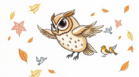 A charming hand-drawn sketch, rendered in the whimsical style of Pixar, depicts a blind owl with beautifully textured, downy 
