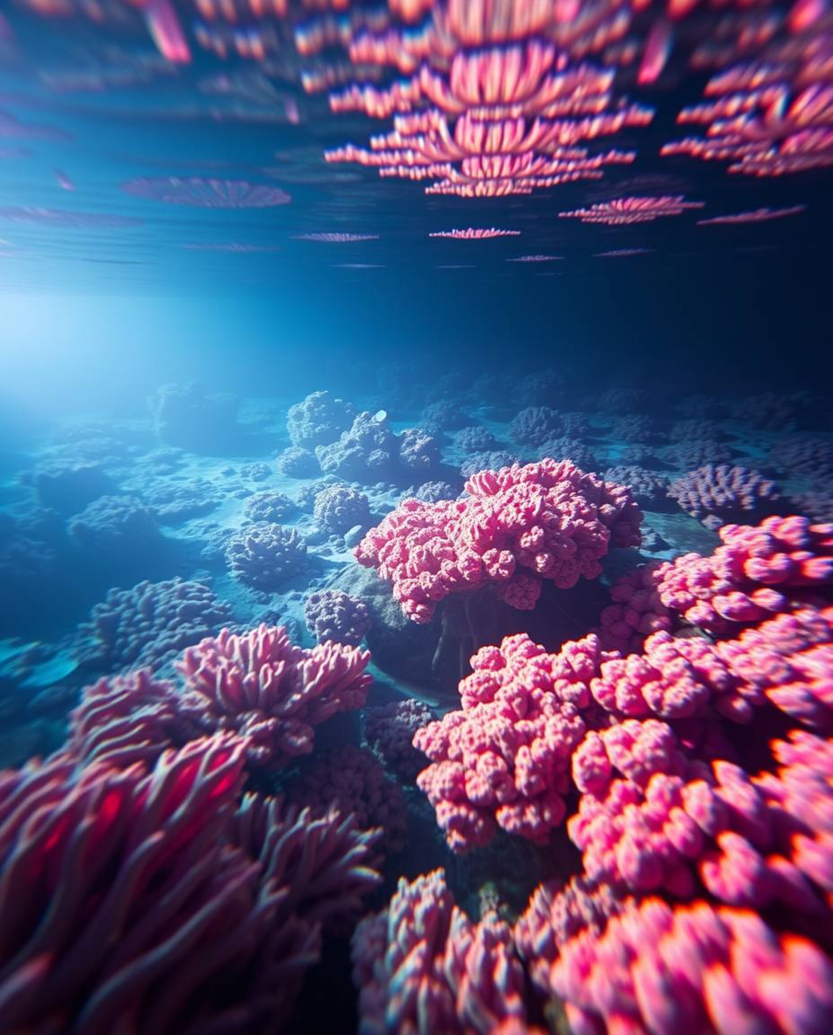 Soft, gentle light illuminates an electric-colored photograph of a coral reef at low tide. This stunning image is characteriz