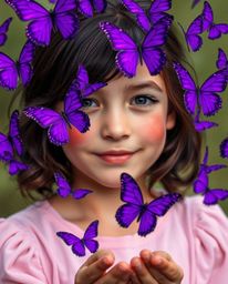 A captivating scene unfolds as a girl with rosy cheeks and dark hair liberates a swarm of vibrant purple and deep ultraviolet