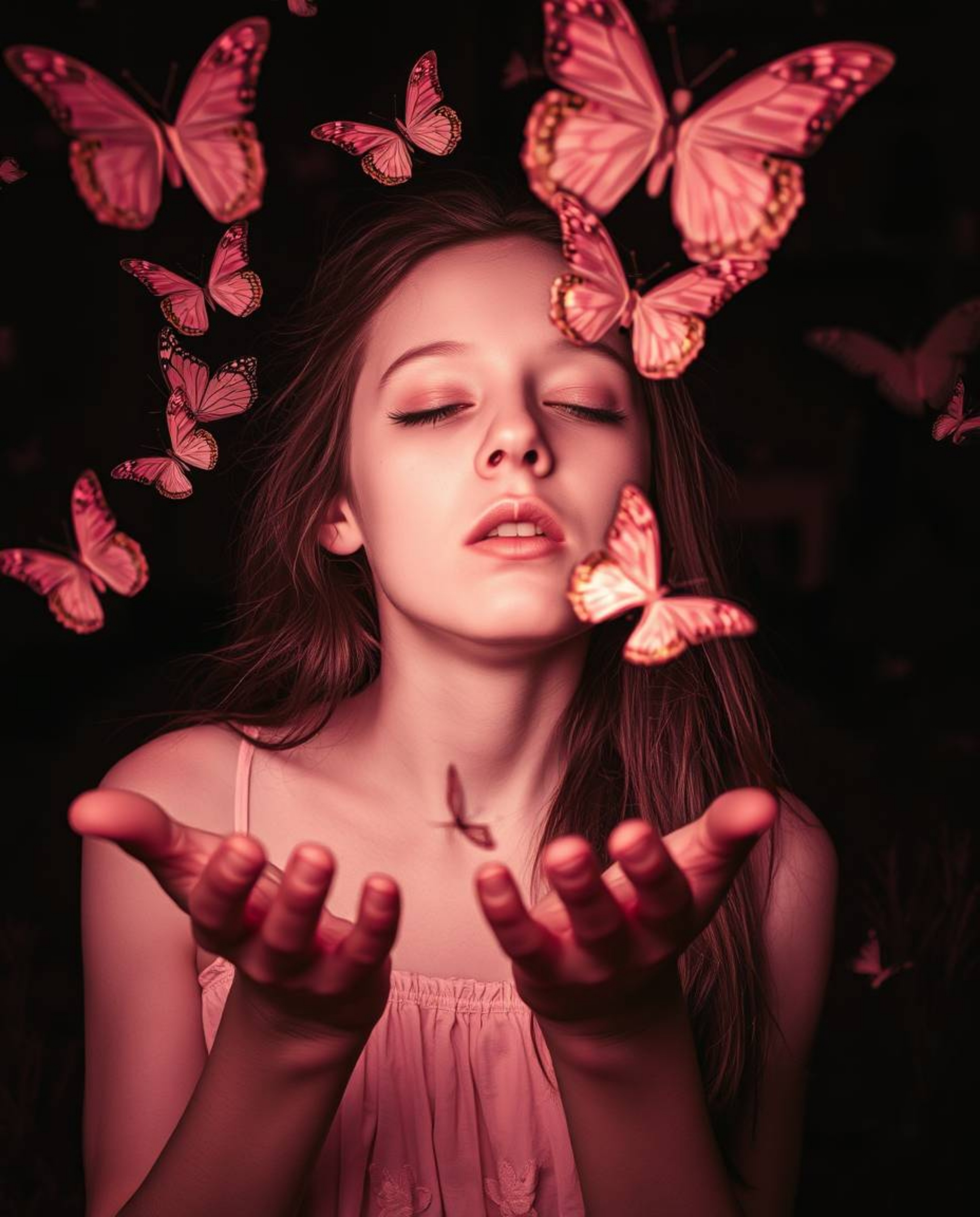 A captivating image featuring a pale girl releasing butterflies in a dark, unsettling scene.  The surreal infrared tones crea