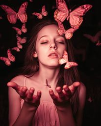 A captivating image featuring a pale girl releasing butterflies in a dark, unsettling scene.  The surreal infrared tones crea