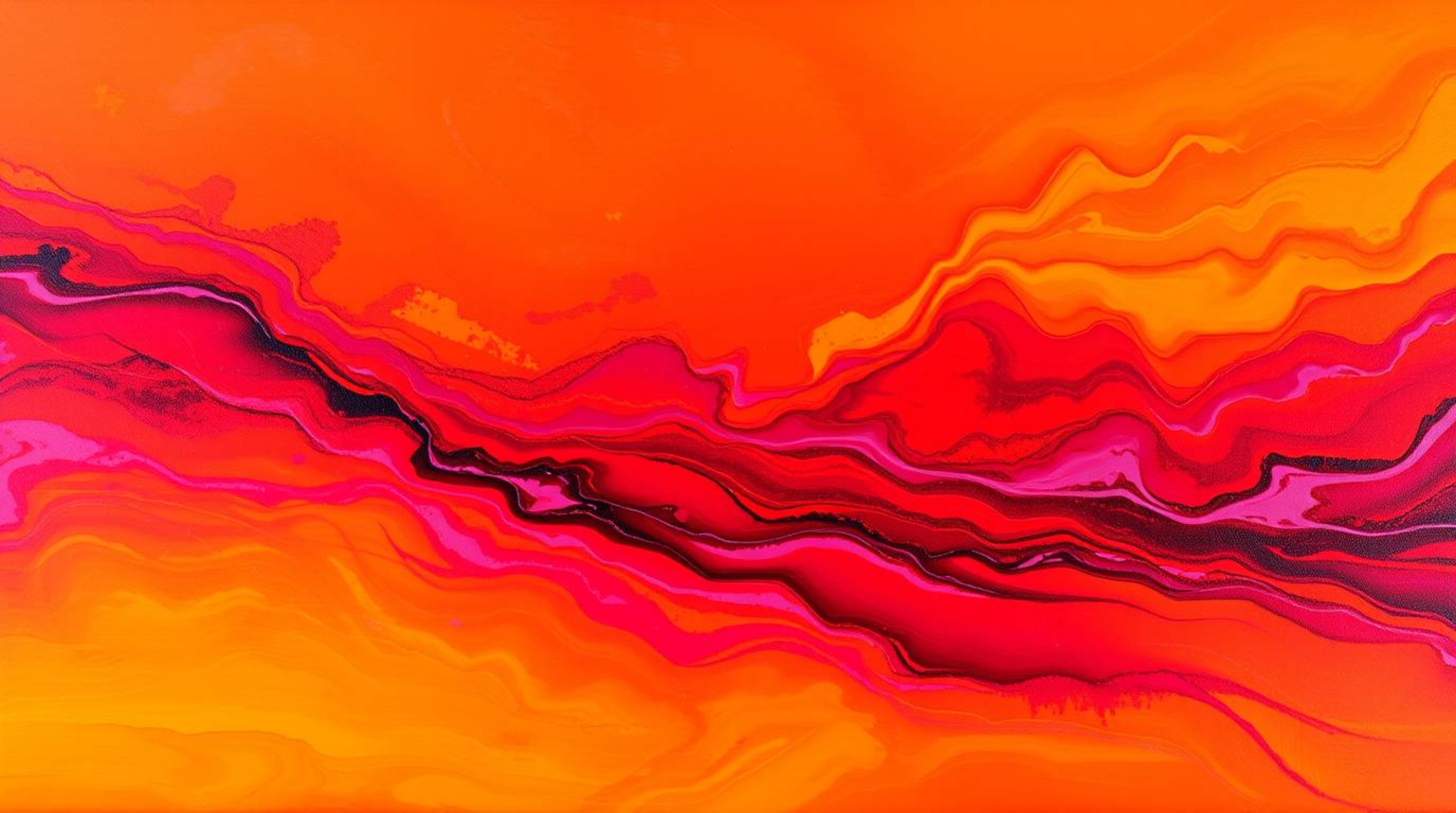 A vibrant acrylic painting depicting neon gradient textures flowing across a liquid surface. The artwork features warm and bo