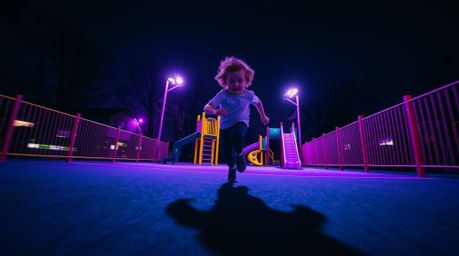 Experience the thrill of a dramatic slow-motion run through a playground, captured in stunning deep ultraviolet hues and high