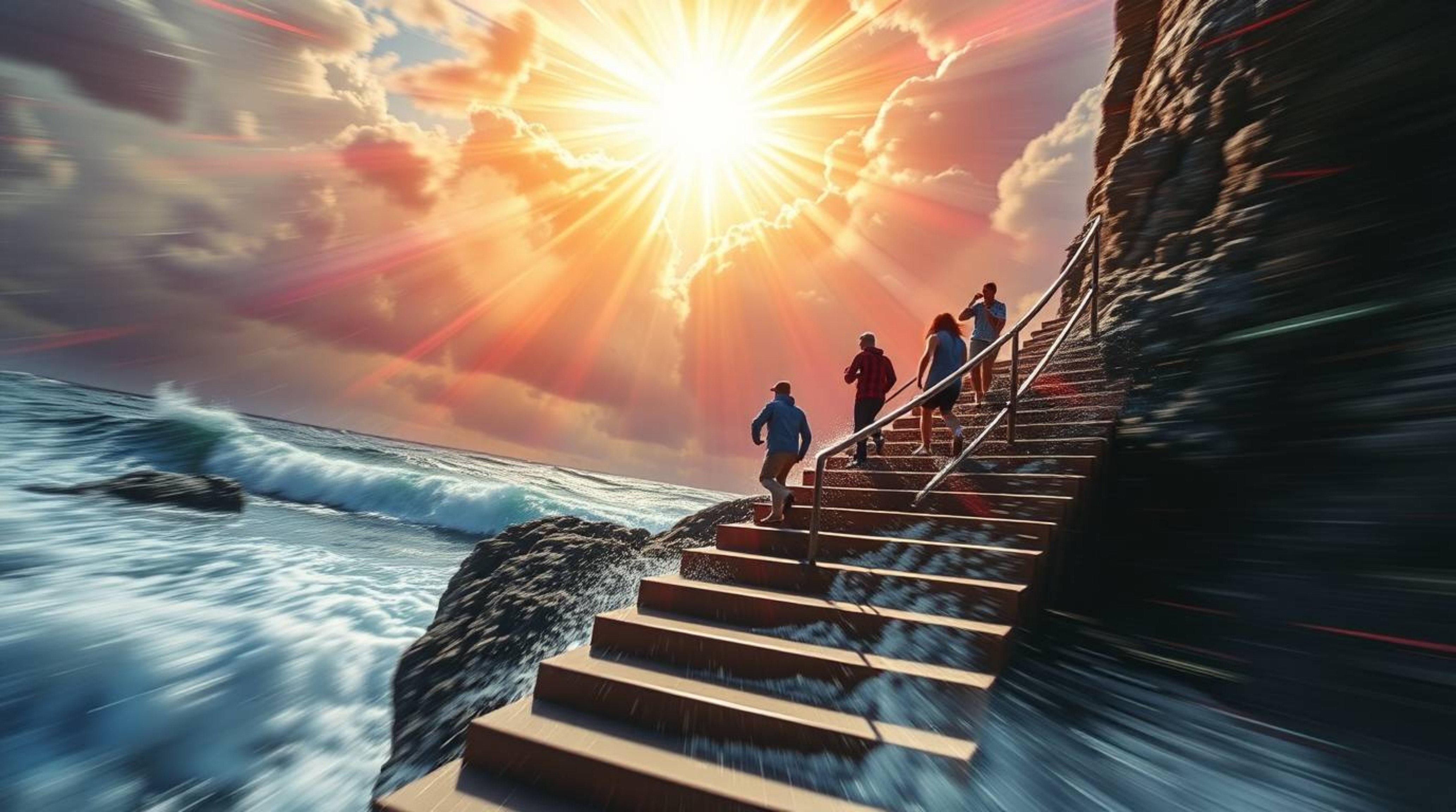 A captivating image depicting a dramatic staircase rising from the ocean towards a stormy sky, illuminated by a divine sunbur