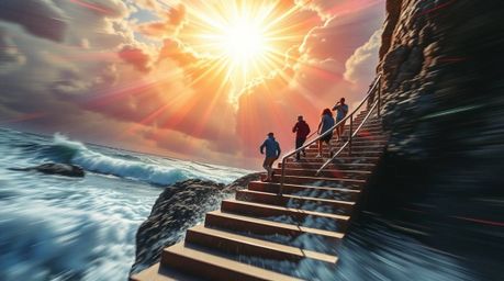 A captivating image depicting a dramatic staircase rising from the ocean towards a stormy sky, illuminated by a divine sunbur