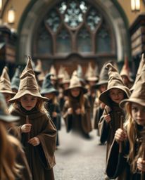Discover a captivating image of a magical school brimming with young wizards.  The scene, rendered in warm earth tones of bro