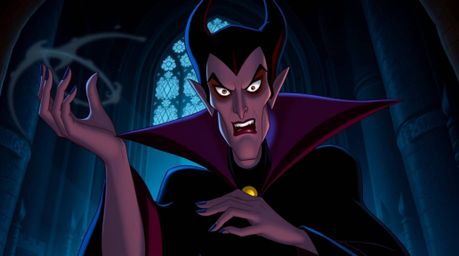 A classic Disney villain with sharp features and intense dark eyes is depicted casting a spell within a gothic castle. The sc