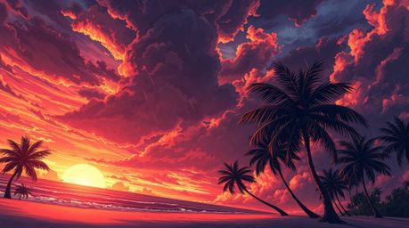 A captivating Isekai-style anime illustration showcases a dramatic tropical beach sunset. Palm trees sway against a vibrant, 