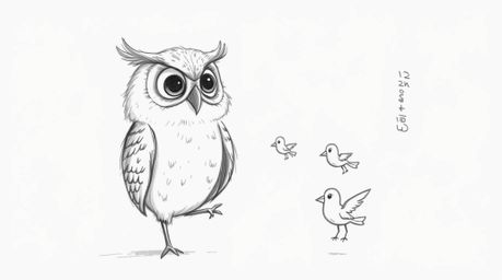 A heartwarming hand-drawn sketch in the style of Pixar portrays a blind owl with soft feathers and large, expressive eyes.  T