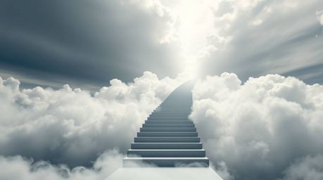 A modern flat design showcases a winding stairway of smoke and light ascending into a vast, cloudy sky, visually representing
