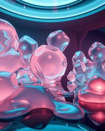Explore a high-resolution stock photo showcasing surreal, melted glass-like 3D shapes within a commercial-quality, hyperreali