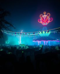 Immerse yourself in a soft, dreamy atmosphere where a carnival is overtaken by wild animals under the mesmerizing glow of bio