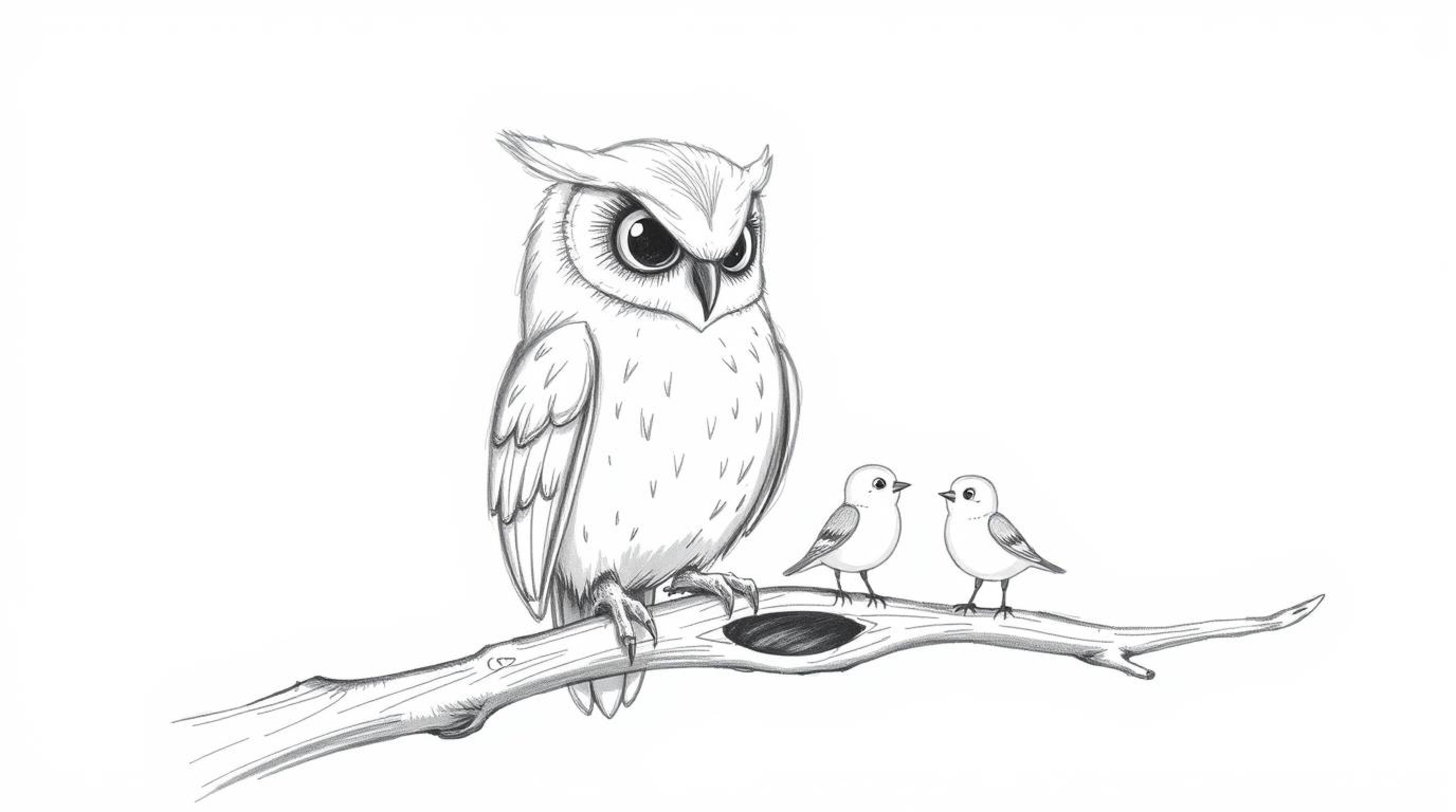 A heartwarming hand-drawn sketch in the style of Pixar portrays a blind owl with soft feathers and expressive eyes. Perched o